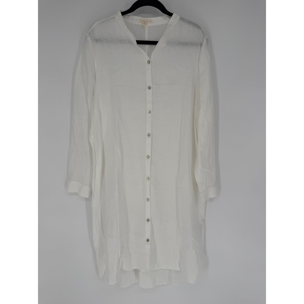 EILEEN FISHER‎ ORGANIC LINEN SHIRT DRESS MIDI LARGE COASTAL GRANDMA MINIMALIST